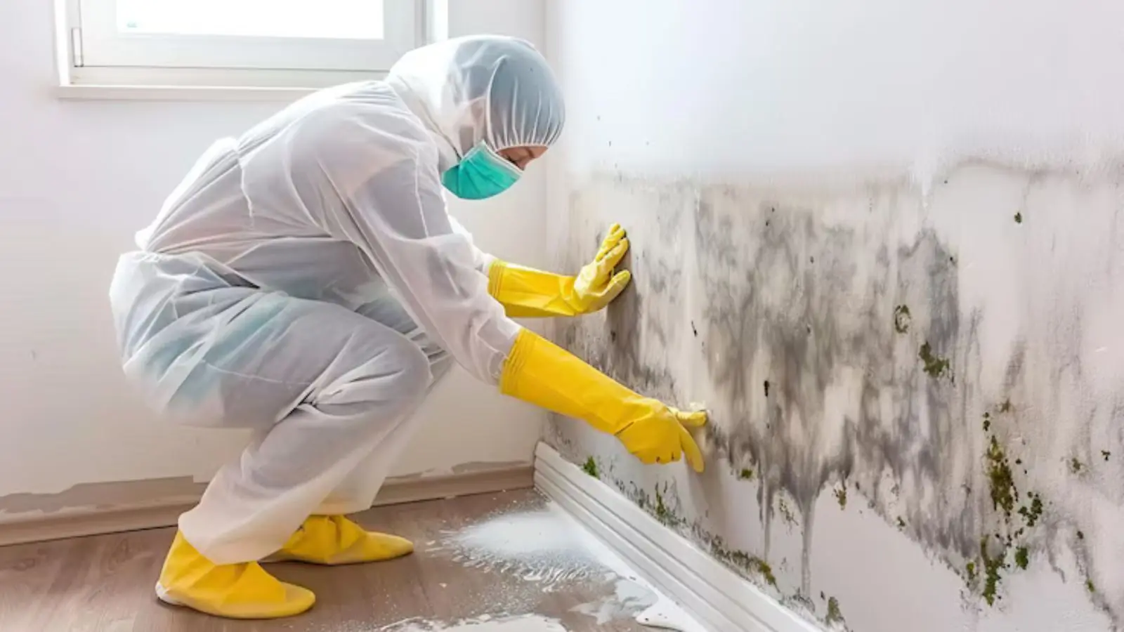 Technician in a protective suit and gloves cleaning mold from the lower part of a wall
