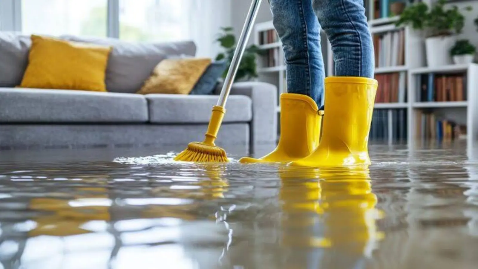 Person in yellow rubber boots mopping standing water from a living room floor